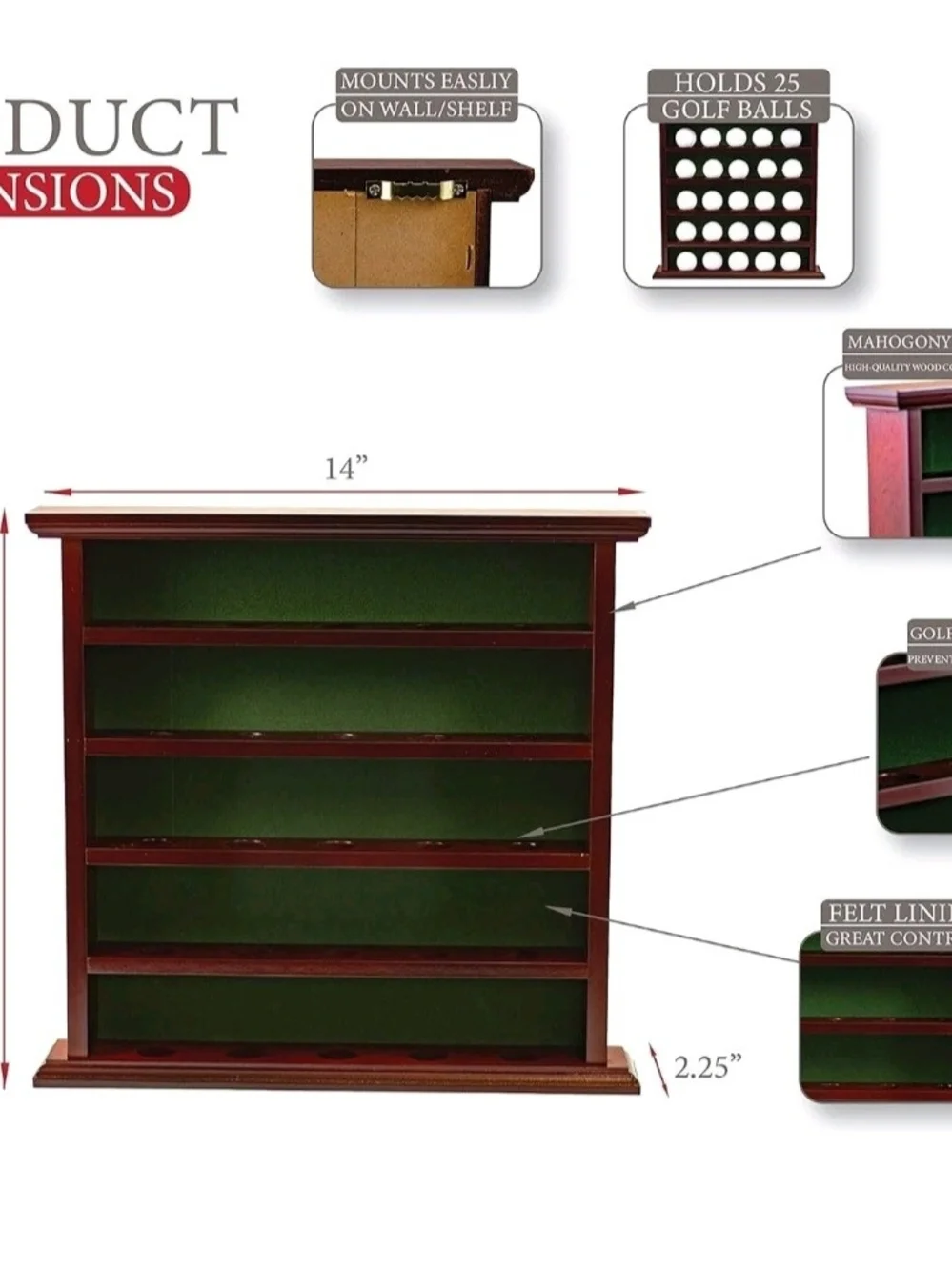 Cherry Wood Golf Ball Display Case Cabinet Wall Rack Green Felt